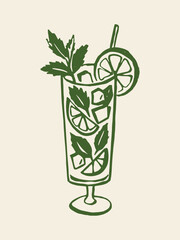 Mojito cocktail with lime and mint minimalist sketch vector illustration