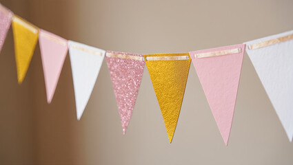 A 3D render of a luxury birthday setup inside a chic apartment. The “Happy Birthday” banner is crafted from metallic gold letters, reflecting ambient pink and purple light from LED strips hidden along