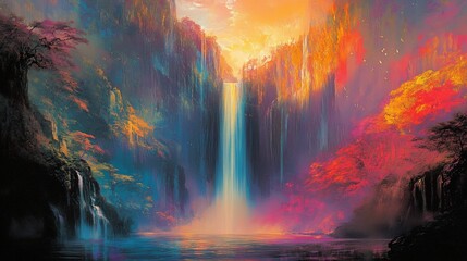 Vibrant, mystical waterfall cascading through colorful, misty cliffs