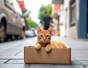 Ginger cat in cardboard box on city street