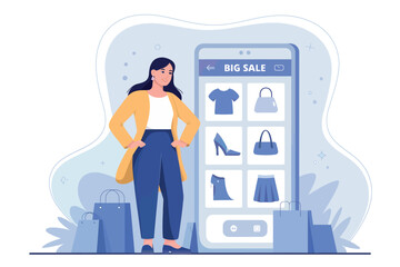 Woman shopping online for fashion items displayed on a mobile phone screen