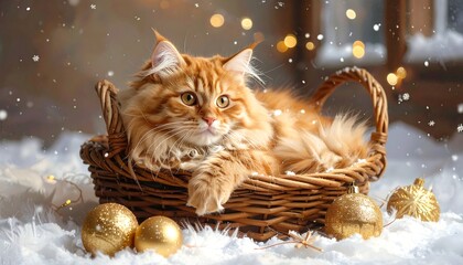 Ginger cat in wicker basket, Christmas setting