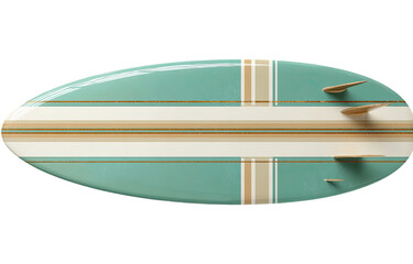 Overhead view of a teal and cream striped surfboard.  Light wood fins