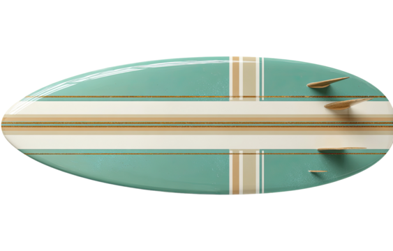Overhead view of a teal and cream striped surfboard.  Light wood fins