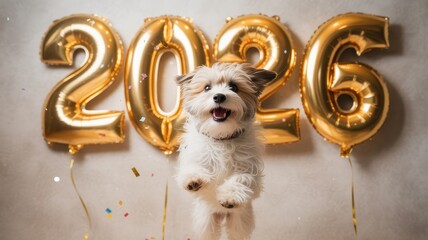 Happy dog celebrates 2026 new year with golden balloons and confetti