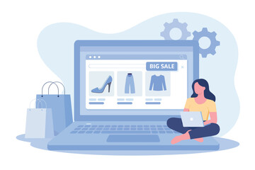 Woman shopping online for fashion items on laptop a creative digital marketing concept