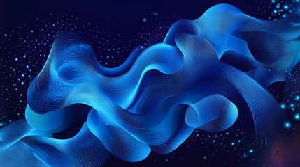 Abstract blue fluid forms with shimmering particles against a dark, starry background
