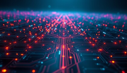 Futuristic digital circuit board with vibrant red and blue glowing lights and bokeh effect abstract technology