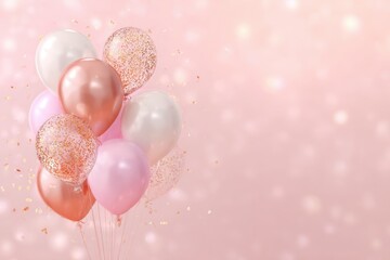 Balloons flying on pastel pink wall. Soft colored balls floating on a peach background. Copy space. Festive decoration group. Valentine Day, Baby Birthday. Party shiny balloons bunch swaying backdrop