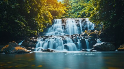 Lush tropical waterfall cascades over rocks into serene pool, sunlight filters through trees