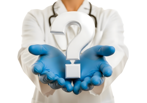 Doctor wearing blue gloves holding a large white question mark isolated on transparent background
