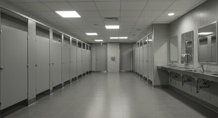 A long sterile public restroom with stalls and sinks