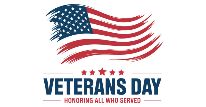 Veterans Day tribute with wavy American flag, red stars, and bold text—honoring U.S. military service with patriotic pride and gratitude