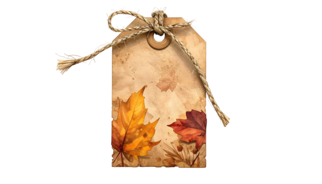 Autumn leaves on gift tag with transparent background