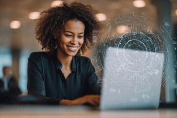 A joyful businesswoman engages in a video conference with her team in a modern virtual office, showcasing futuristic technology and a digital twin enhancing social media marketing efforts.