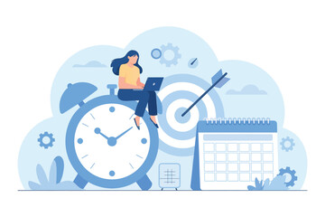 Time management concept with woman working on laptop sitting on alarm clock near target and calendar