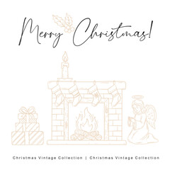 Merry Christmas Fireplace Scene with Gifts and Angel