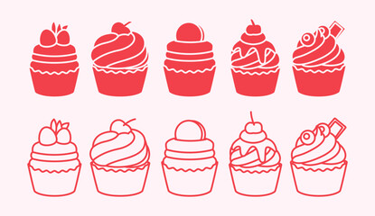 Cupcake Line Art and Silhouette Vector Set for Bakery and Dessert Design