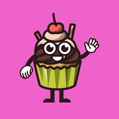 Cute Cupcake Mascot Character Vector Illustration for Bakery Logo and Sticker Design