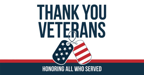 Veteran Day tribute with patriotic dog tags and bold “Thank You Veterans” text—honoring U.S. military service with red, white, and blue design