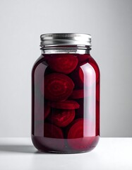 Glass jar filled with sliced beets in liquid