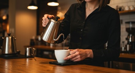 Barista pouring hot water into a coffee cup from a gooseneck kettle