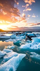 Glacial sunset over icebergs
