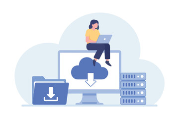 Person using laptop on computer with cloud download icon and server racks representing digital data storage solutions