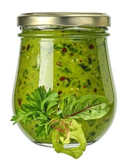 Glass jar of vibrant green sauce, garnished with herbs