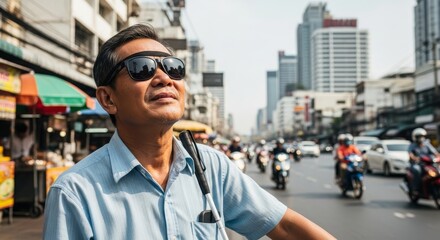 Vision Impaired Man Cityscape - An Asian man with sunglasses and a cane stands on a city street