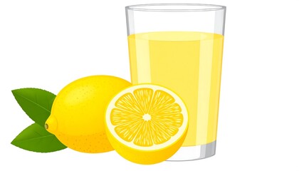 Glass of lemon juice with fresh lemons and leaves