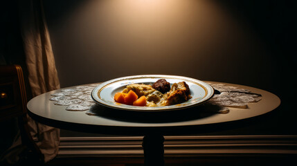 A single plate with untouched Christmas dinner, sitting small, empty table dimly lit room. Loneliness during Christmas holidays with copy space, holiday contrast, aging, and emotional storytelling