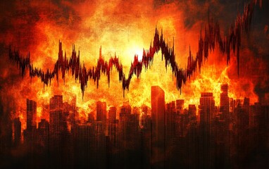 Financial crisis graph plunges over burning cityscape