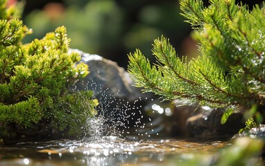 Close-up of vibrant green evergreen branches over a shimmering water feature
