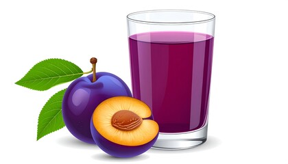 Glass of plum juice with two whole and halved plums
