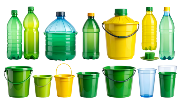 Various plastic containers and buckets in shades of green and yellow on a black background