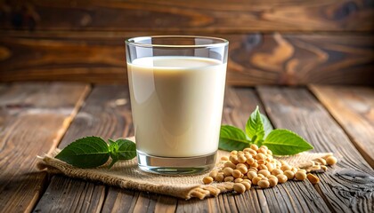 Glass of soy milk on wooden table with soybeans and leaves
