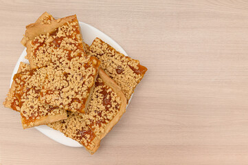 Apricot pie filling. Top view. Homemade baking.