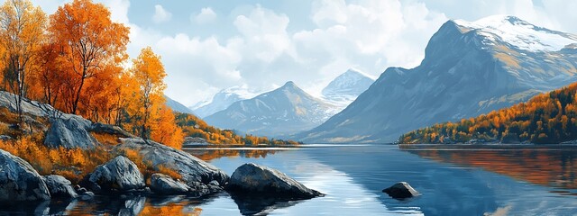 Serene autumn lake scene with vibrant foliage and snow-capped mountains reflecting