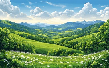 Rolling green hills under a bright blue sky with fluffy clouds