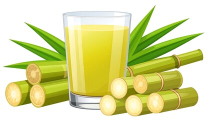 Glass of sugarcane juice with stalks