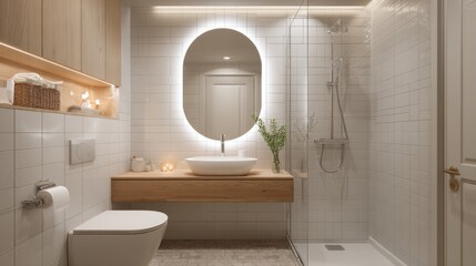 Minimalist bathroom with illuminated mirror and wooden vanity design