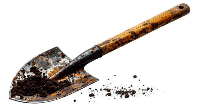 A rusty, dirt-covered shovel rests on a black background, with soil spilled beside it
