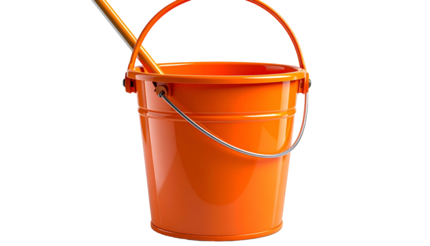 A vibrant orange bucket with a metal handle and a cleaning tool inside