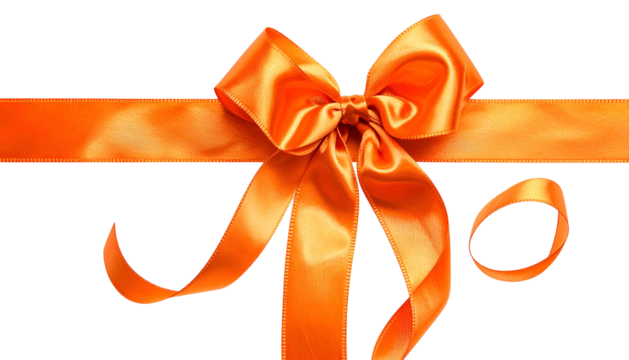 Gleaming orange ribbon forms a decorative bow, with a loop, against a black background