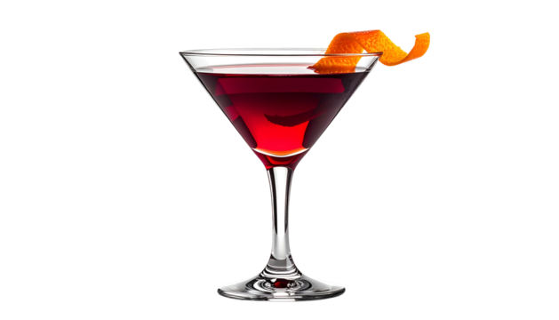 Martini glass with a dark red cocktail, orange twist garnish, black background
