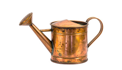 A weathered copper watering can with a spout, handle, and lid isolated on black