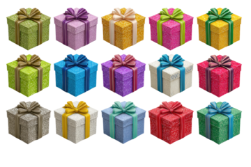 Colorful gift boxes arranged in a grid pattern.  Each box has a ribbon and glitter