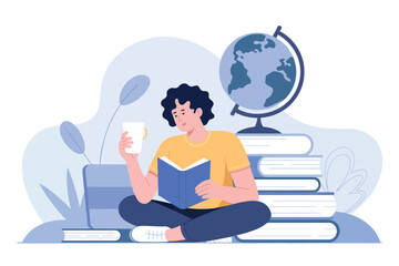 Young person reads book surrounded by books and globe symbolizing education and learning journey