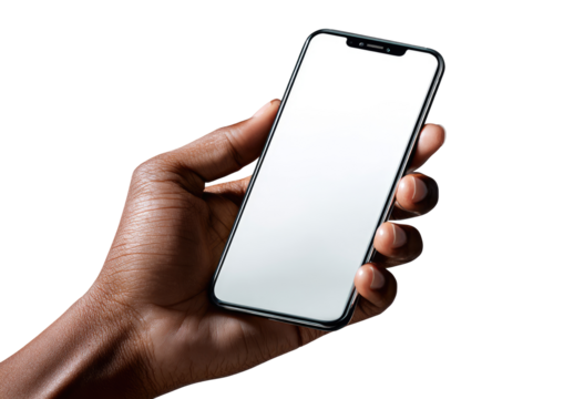 A hand holds a smartphone. The phone's screen is blank